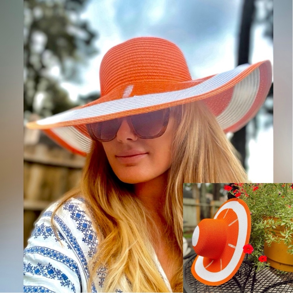 Well made sturdy straw orange & white floppy hat. NWT